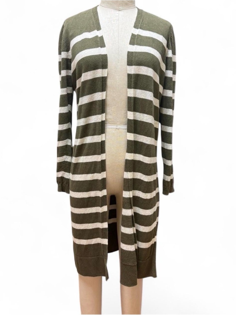 Talbots Olive and Cream Striped Open long line Cardigan 100% Linen